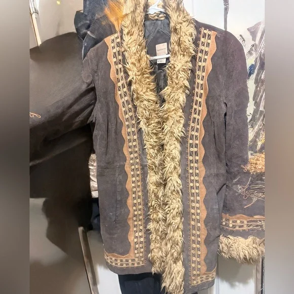 Penny Lane Massini Brown Embroidered suede, leather vintage Jacket with Faux Fur - Picture 3 of 16